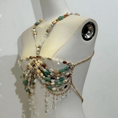 Beaded hollow out metal chain cami cut out top