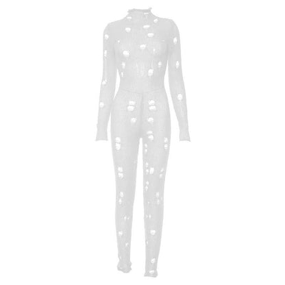 Crochet hollow out high neck lace up solid jumpsuit