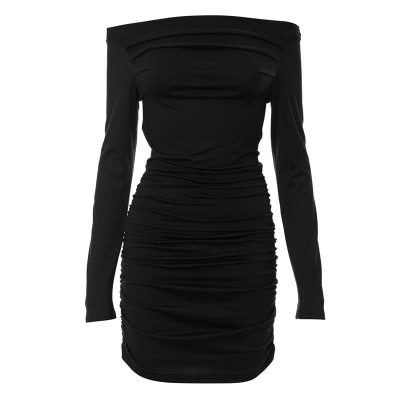 Asymmetric Off Shoulder Long Sleeve Ruched Bodycon Mini Dress