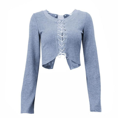 Long sleeve hollow out lace up textured round neck cut out top