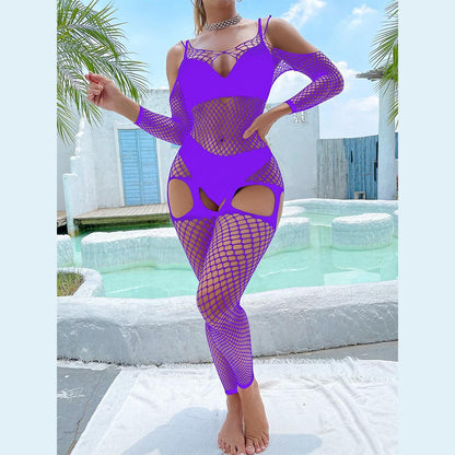 Fishnet hollow out off shoulder open crotch bodystocking