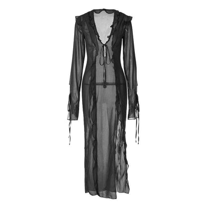 Slit chiffon see through long sleeve v neck self tie maxi dress