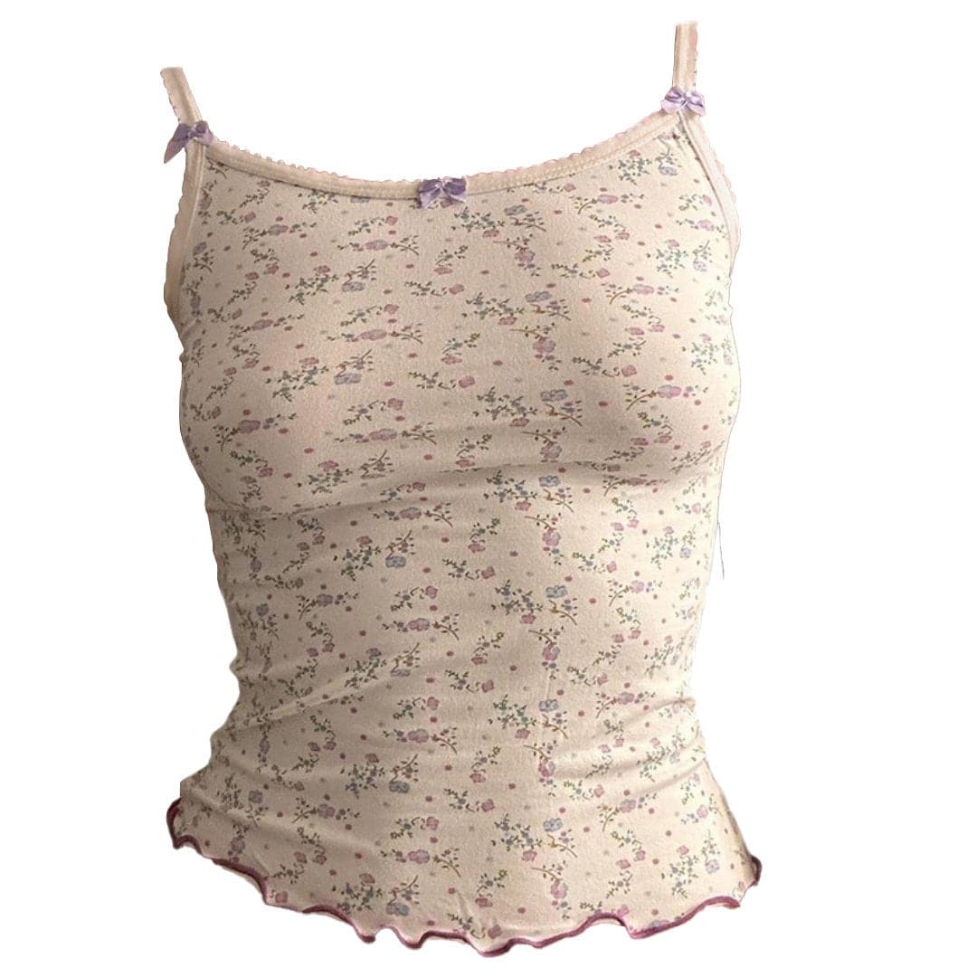 Bowknot flower print ruffle cami top