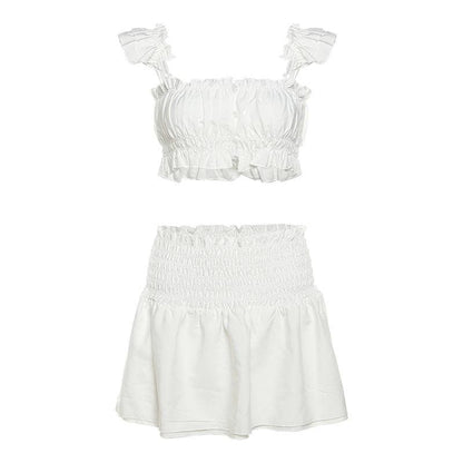 Smocked ruched cap sleeve solid ruffle mini skirt set