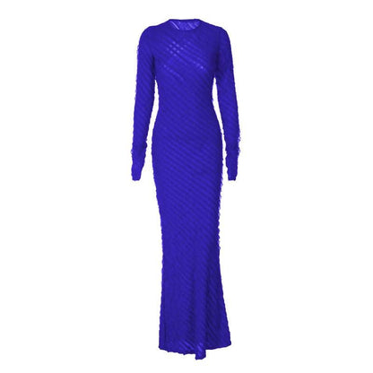 Textured long sleeve crewneck ruffle solid maxi dress-final-sale
