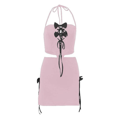 Bowknot halter contrast self tie backless mini skirt set