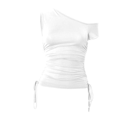 Short sleeve one shoulder ruched drawstring top