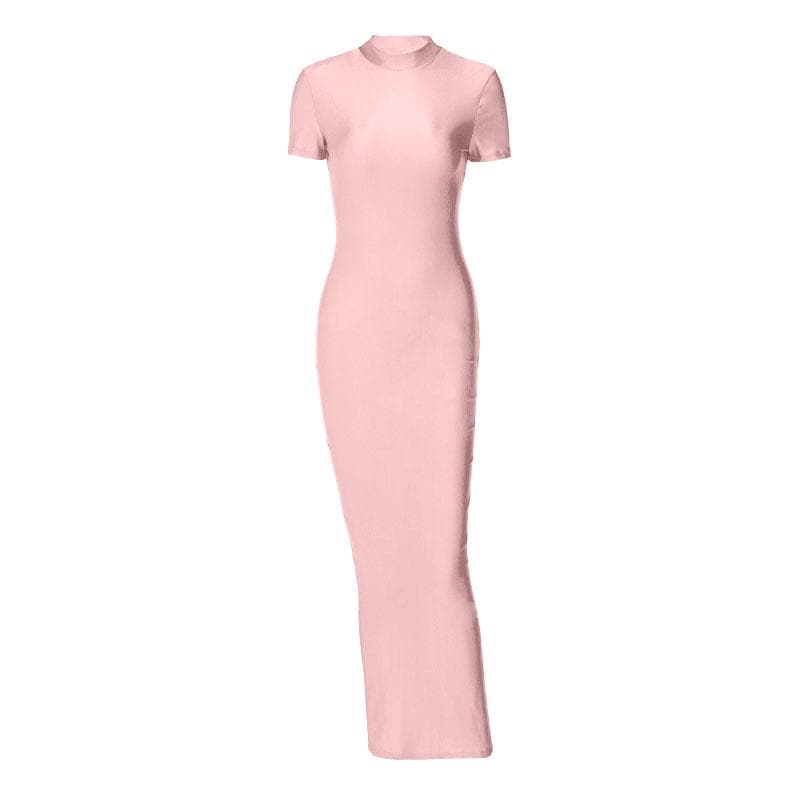 Short sleeve high neck slit solid maxi dress