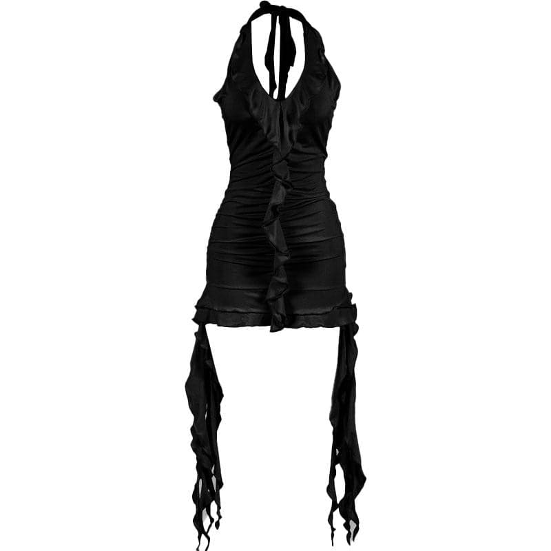 Self tie halter ruffle ruched v neck ribbon backless mini dress