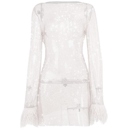 Long sleeve solid see through sheer mesh fluffy round neck mini dress