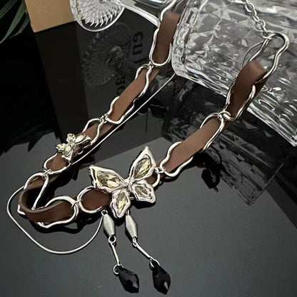 Butterfly pendant PU leather choker necklace