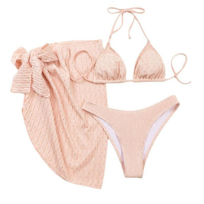 Solid halter textured self tie padded 3 piece swimwear