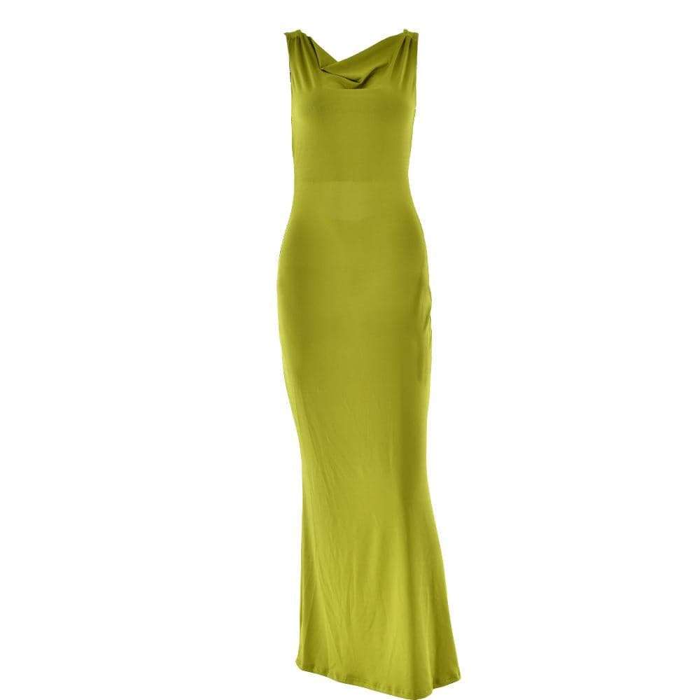 Cowl neck solid backless ruched hollow out cut out maxi dress