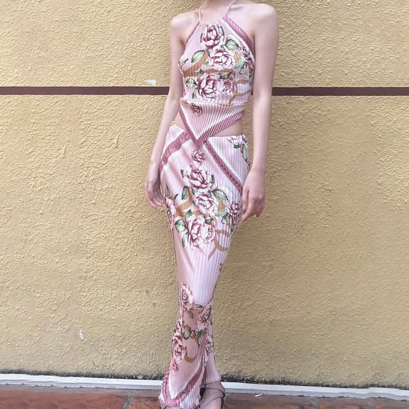 Bowknot ruffle ruched contrast flower print skirt set