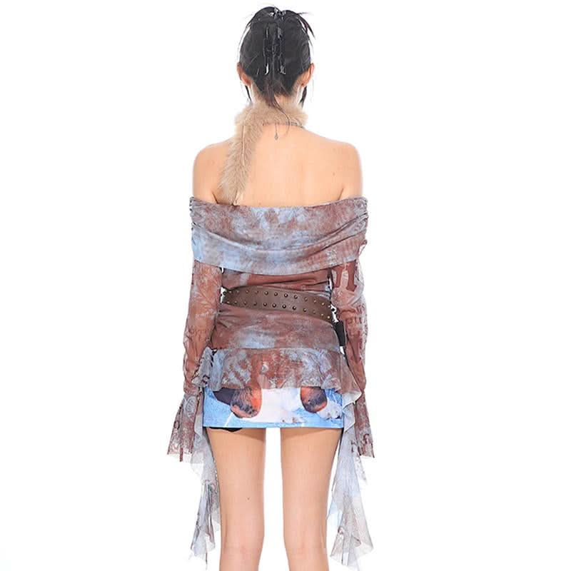 Long sleeve mesh print off shoulder ruched top