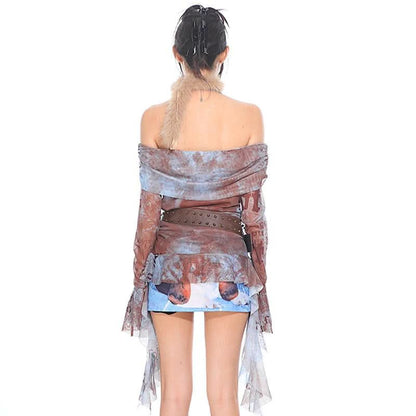 Long sleeve mesh print off shoulder ruched top