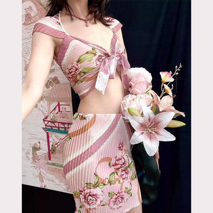 Bowknot ruffle ruched contrast flower print skirt set