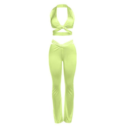 Halter v neck cross front backless hollow out pant set