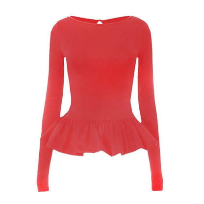 Ruched long sleeve round neck hollow out ruffle cut out top