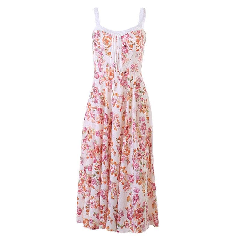 Floral Print Ruched Tie Neck Wide Strap Sleeveless A-Line Maxi Dress
