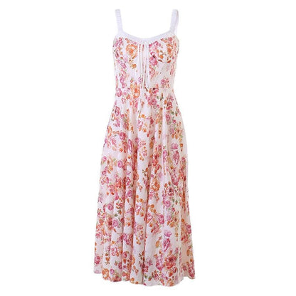 Floral Print Ruched Tie Neck Wide Strap Sleeveless A-Line Maxi Dress