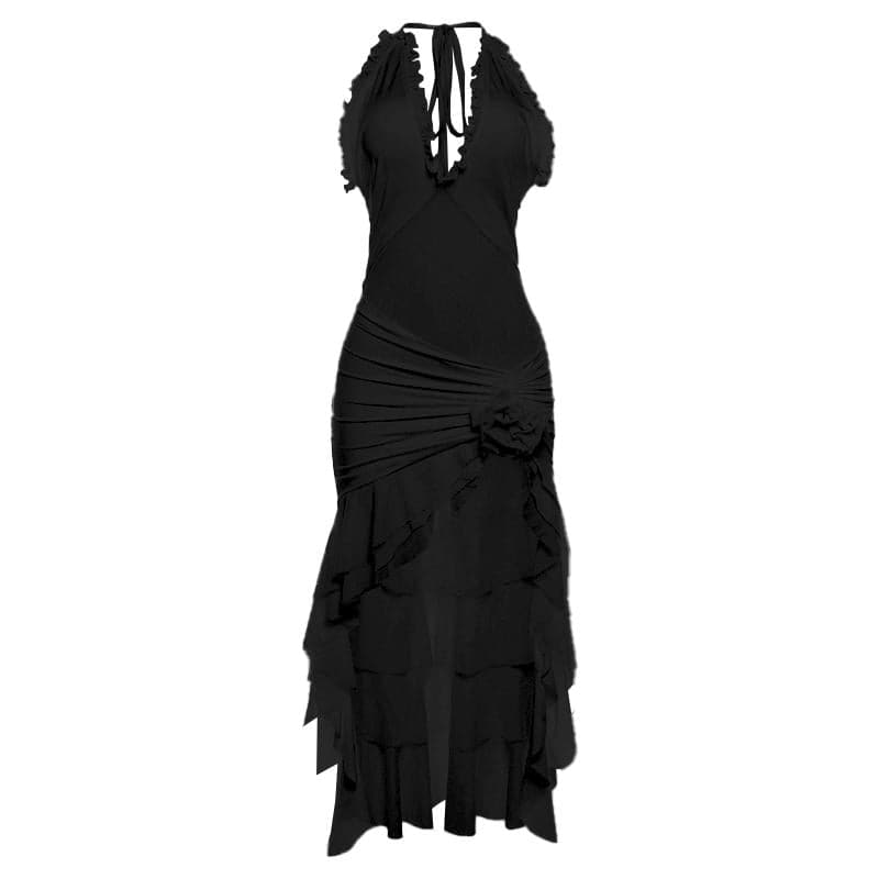 Halter ruffle ruched mesh flower applique maxi dress
