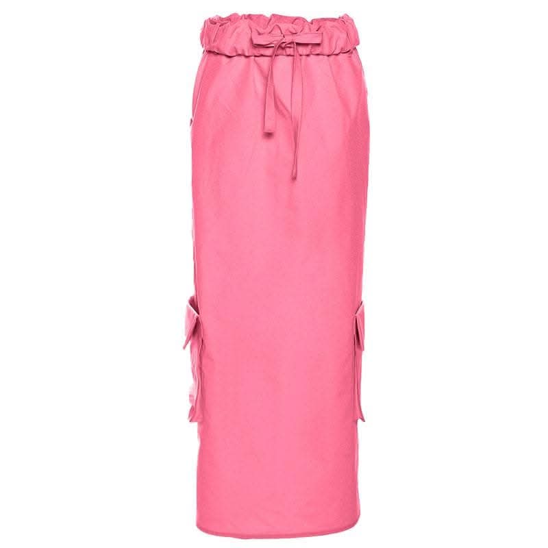 Ruched pocket cargo solid low rise maxi skirt-final-sale