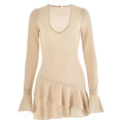 Glitter Deep V Bell Sleeve Tiered Ruffle Hem Mini Dress