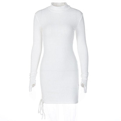Long Sleeve High Neck Drawstring Ruched Ribbed Knit Mini Dress