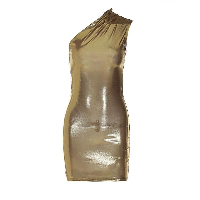 Metallic One Shoulder Ruched Asymmetric Bodycon Mini Dress