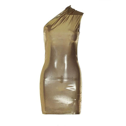 Metallic One Shoulder Ruched Asymmetric Bodycon Mini Dress
