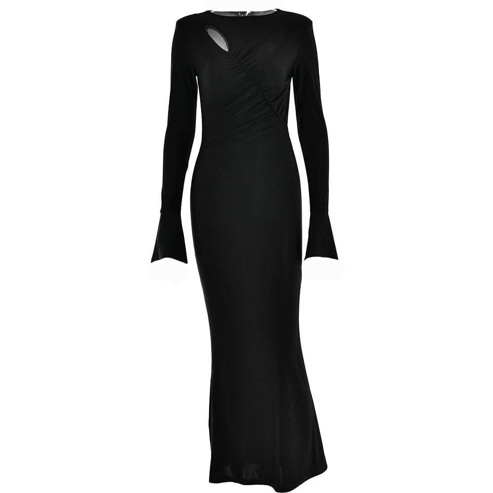 Ruched solid hollow out irregular long sleeve cut out maxi dress