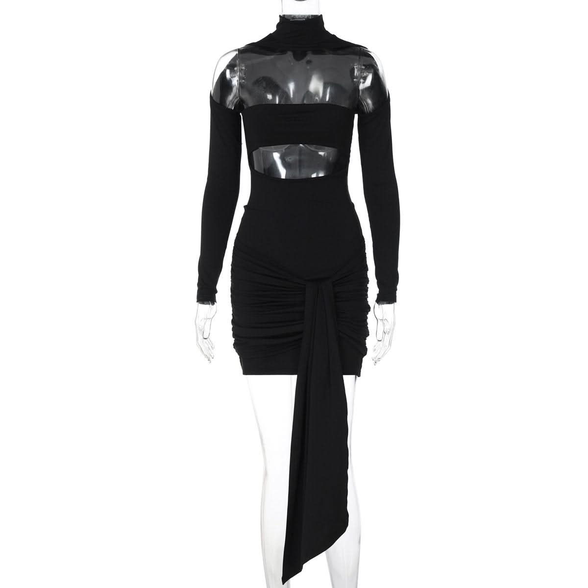 High neck long sleeve ruched hollow out cut out mini dress