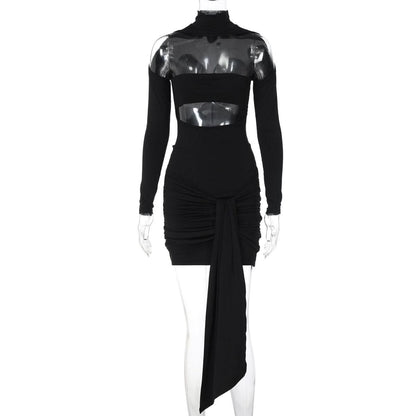 High neck long sleeve ruched hollow out cut out mini dress