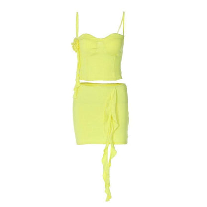 Flower applique solid ruffle ribbon cami mini skirt set-final-sale