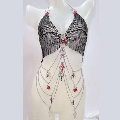 Metal chain o ring v neck beaded skull applique top