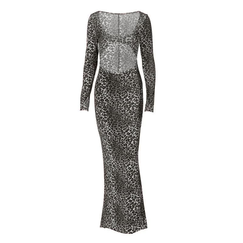 Long sleeve leopard print hollow out u neck cut out maxi dress