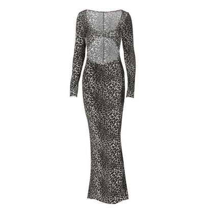 Long sleeve leopard print hollow out u neck cut out maxi dress
