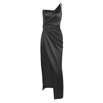 One Shoulder Spaghetti Strap Ruched Side Slit Satin Midi Dress