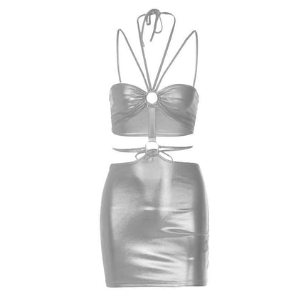 Metallic o ring halter self tie backless hollow out cut out mini dress