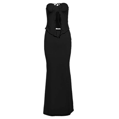 Ruffle slit self tie solid tube maxi skirt set