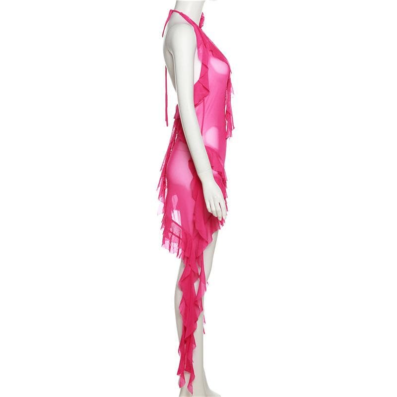 See through halter sheer mesh ruffle flower applique mini dress