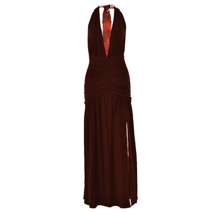 Halter deep v neck backless high slit maxi dress