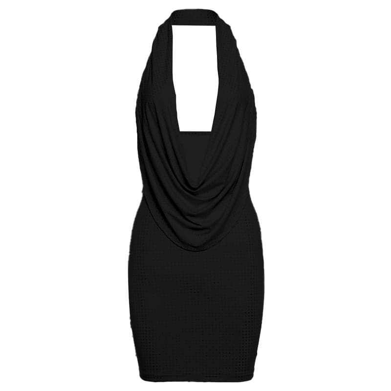 Halter cowl neck beaded low cut mini dress