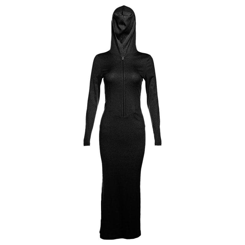 Hooded Zip Front Ribbed Panel Bodycon Maxi Dress