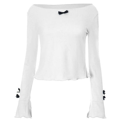 Long flared sleeve round neck bowknot textured top