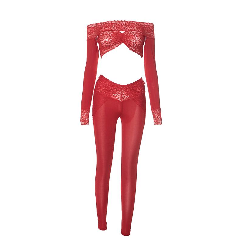 Long sleeve off shoulder see through lace pant set