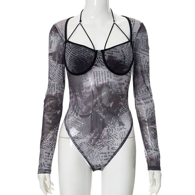 Long sleeve halter letter print button mesh bodysuit