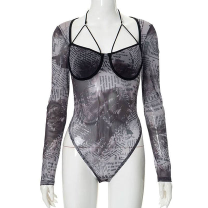 Long sleeve halter letter print button mesh bodysuit