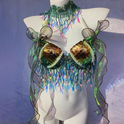 Bowknot beaded v neck tassels shell applique top